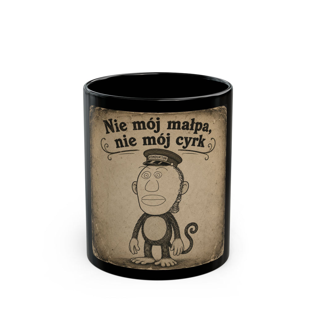 Black Ceramic Mug — "Nie mój małpa, nie mój cyrk" Vintage Monkey Design (11oz & 15oz)