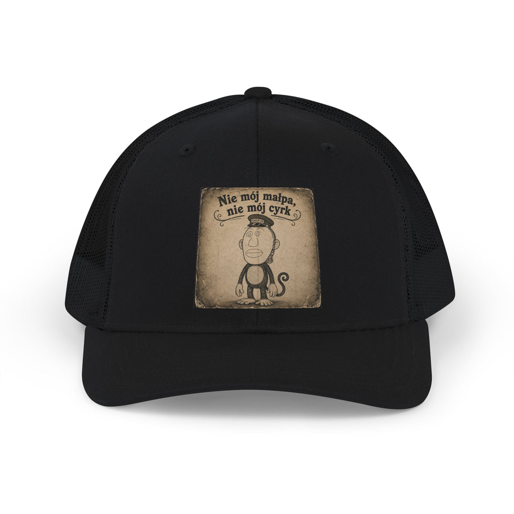 Vintage Monkey Snapback Trucker Hat — "Nie mój małpa, nie mój cyrk" Graphic