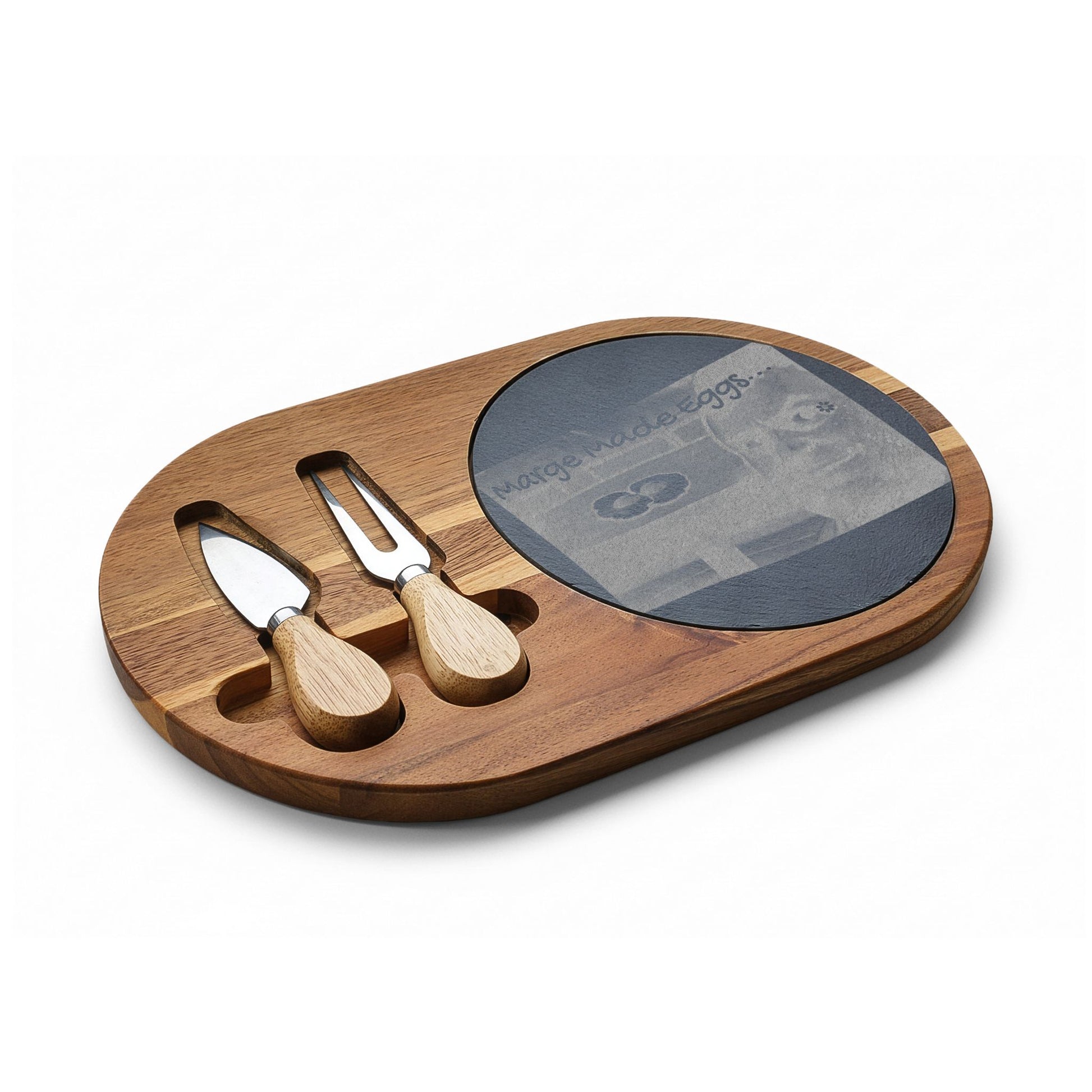 Engraved Charcuterie Board with Slate Insert & Cheese Tools — Personalized Photo/Text Engraving
