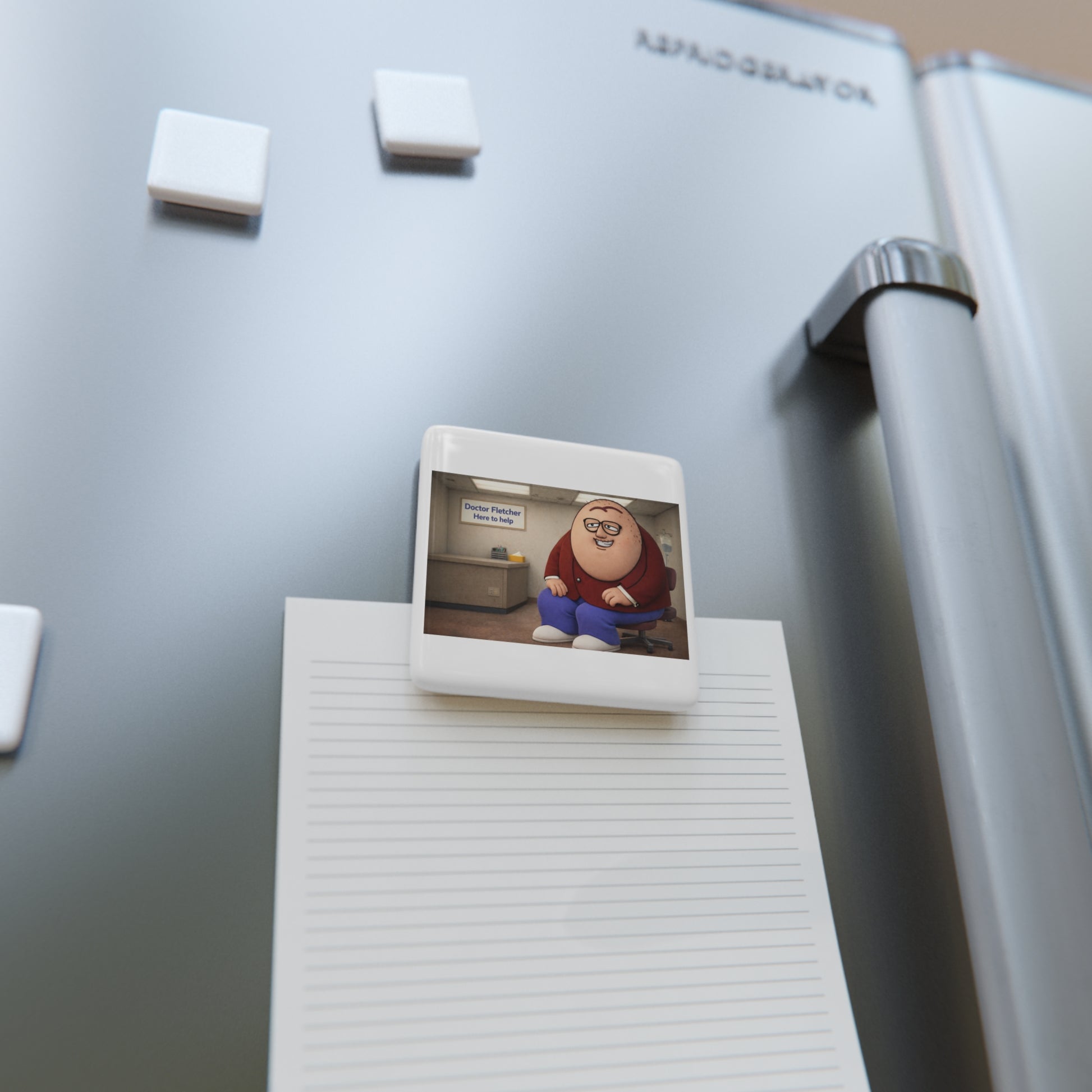 Square Porcelain Magnet — Cute Cartoon Doctor Character "Doctor Fletcher Here to Help"