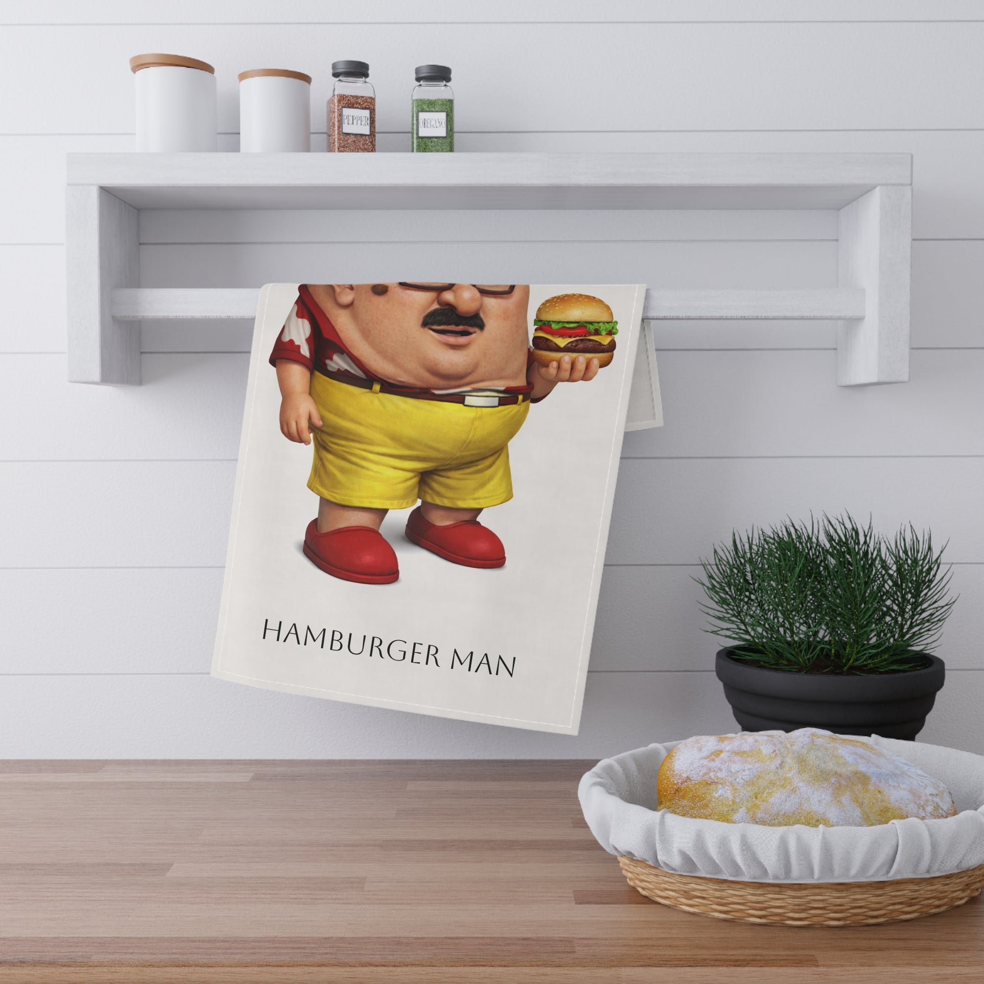 Cartoon Burger Guy Tea Towel – Funny Kitchen Hand Towel