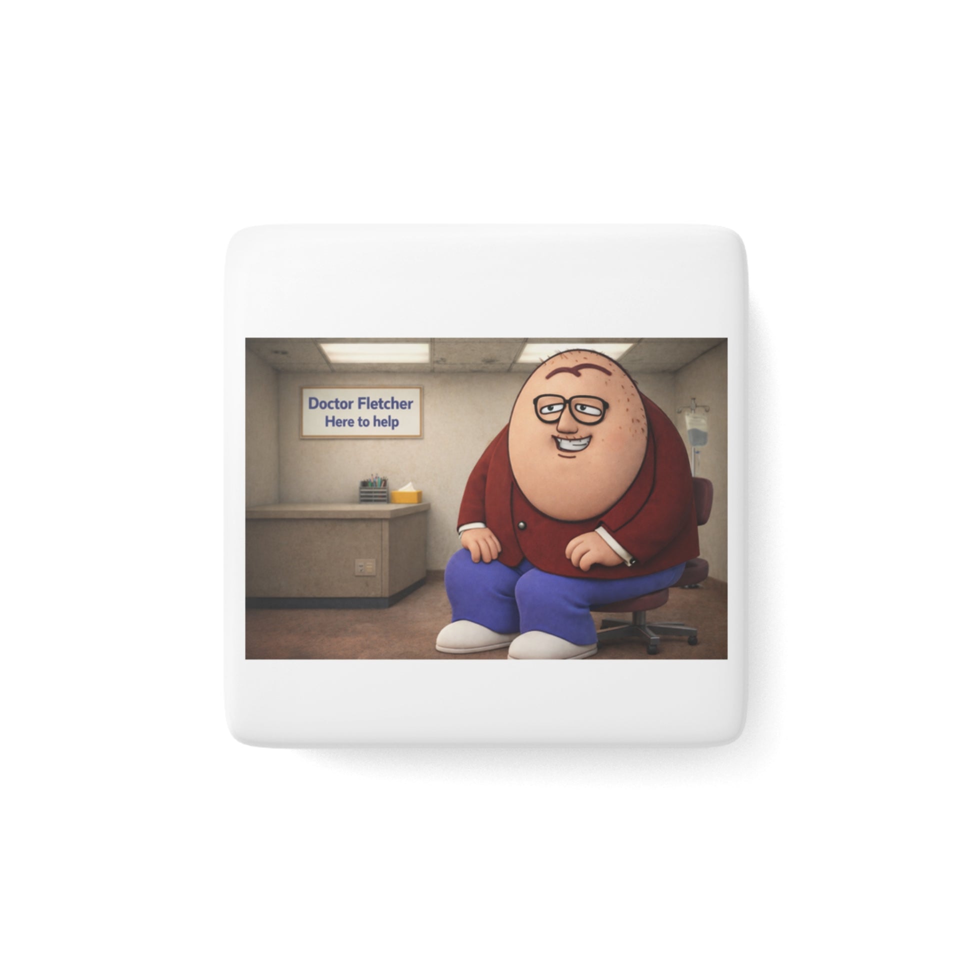 Square Porcelain Magnet — Cute Cartoon Doctor Character "Doctor Fletcher Here to Help"