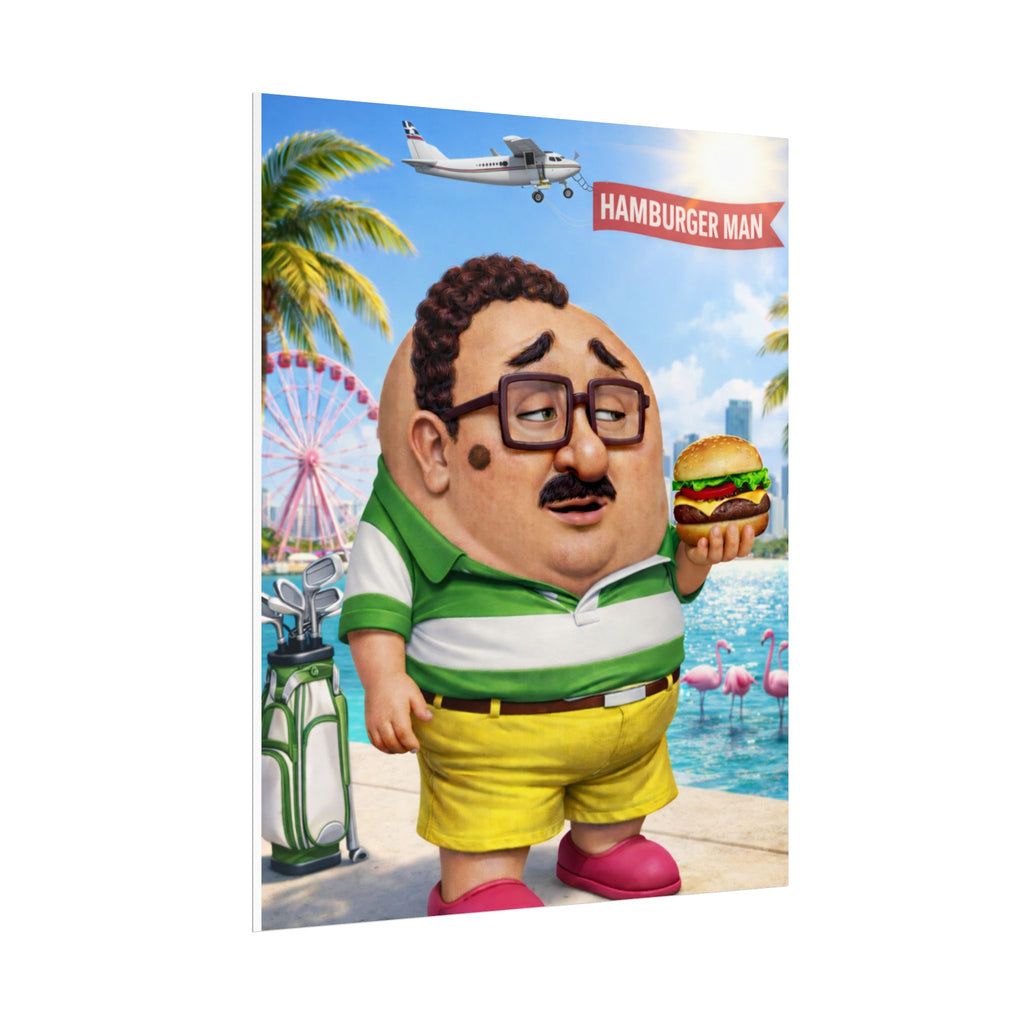 Hamburger Man Poster — Funny Retro Beach Cartoon Rolled Art Print