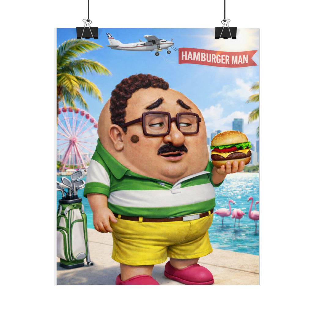 Hamburger Man Poster — Funny Retro Beach Cartoon Rolled Art Print