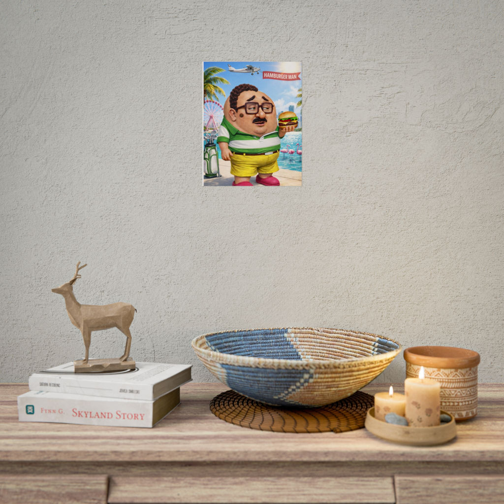 Hamburger Man Poster — Funny Retro Beach Cartoon Rolled Art Print