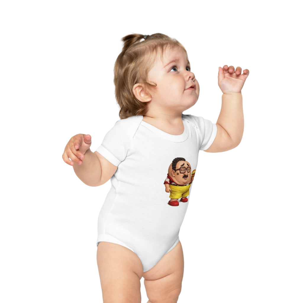 Baby Bodysuit — Cute Cartoon Kid Holding Burger Graphic Infant Onesie
