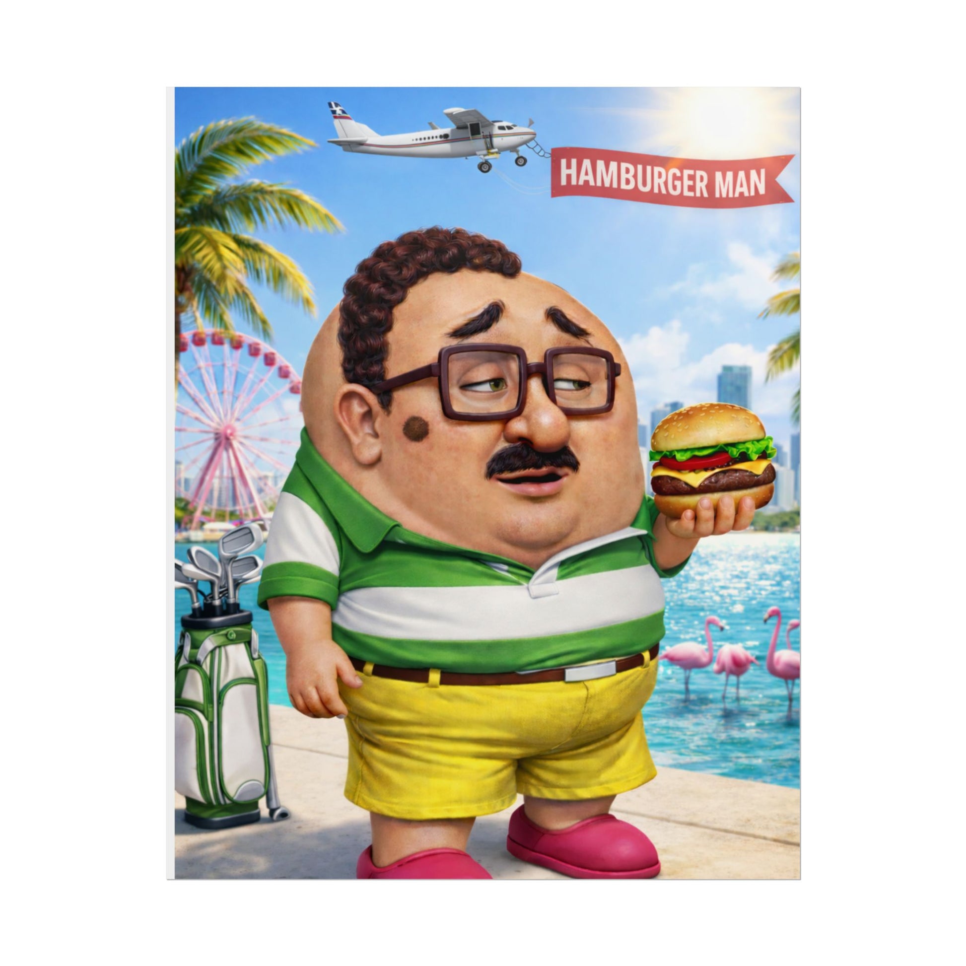 Hamburger Man Poster — Funny Retro Beach Cartoon Rolled Art Print