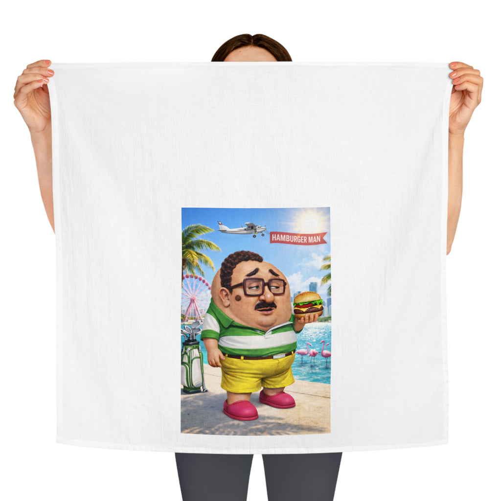 Beach Burger Cartoon Tea Towel – Whimsical Summer Kitchen Decor