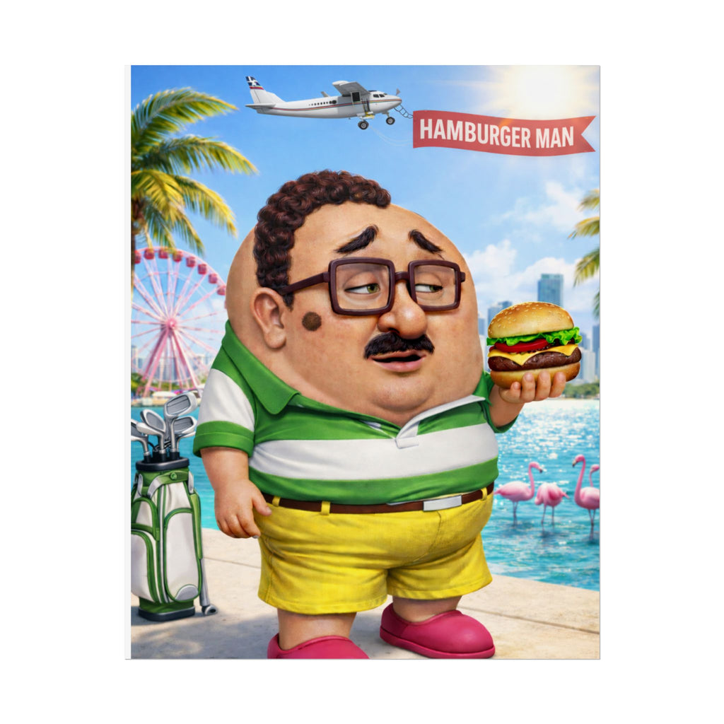 Hamburger Man Poster — Funny Retro Beach Cartoon Rolled Art Print
