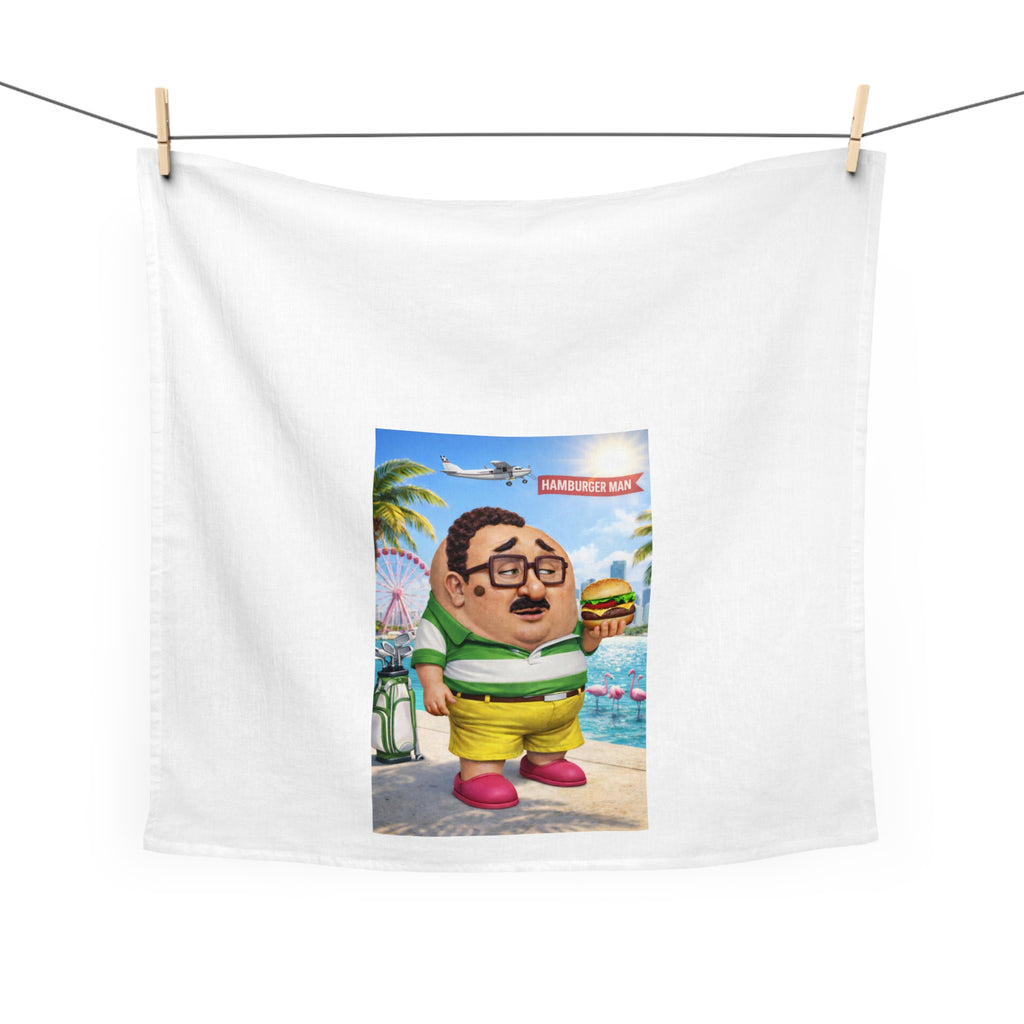 Beach Burger Cartoon Tea Towel – Whimsical Summer Kitchen Decor