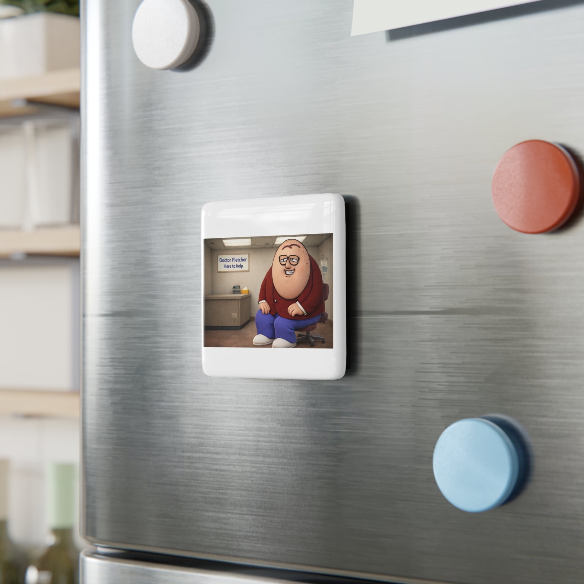 Square Porcelain Magnet — Cute Cartoon Doctor Character "Doctor Fletcher Here to Help"