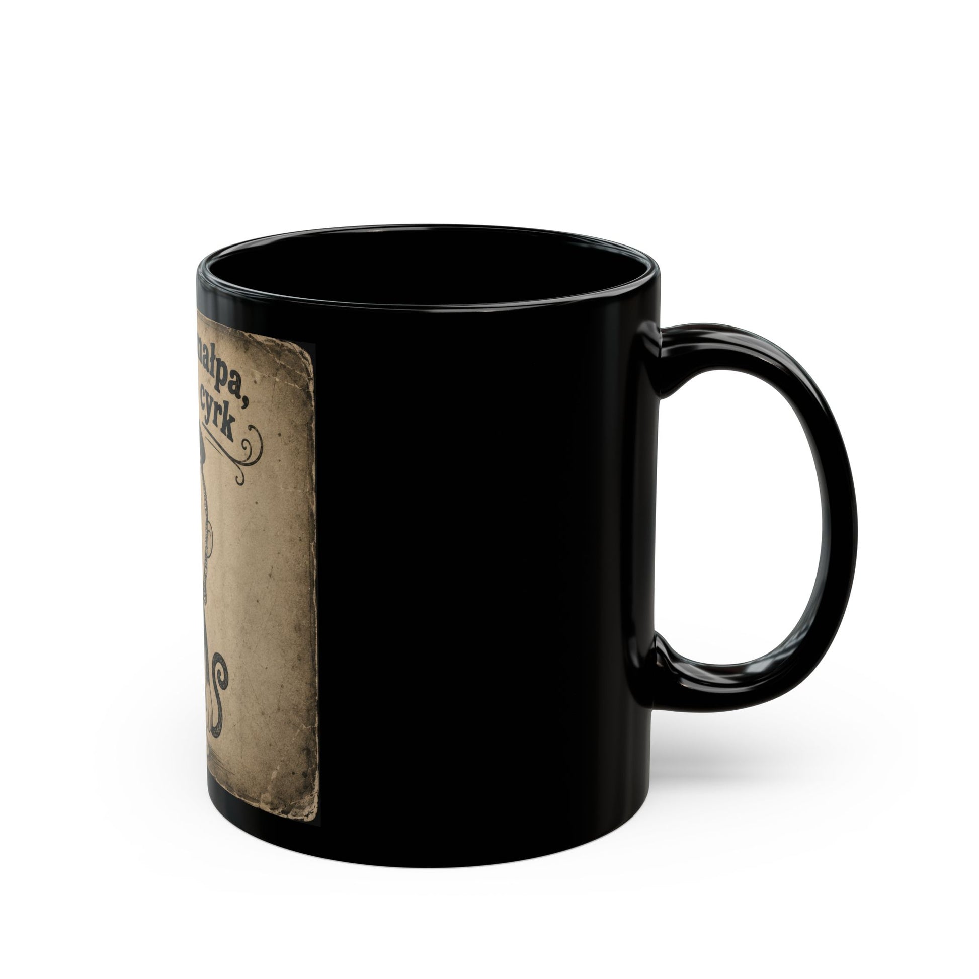 Black Ceramic Mug — "Nie mój małpa, nie mój cyrk" Vintage Monkey Design (11oz & 15oz)