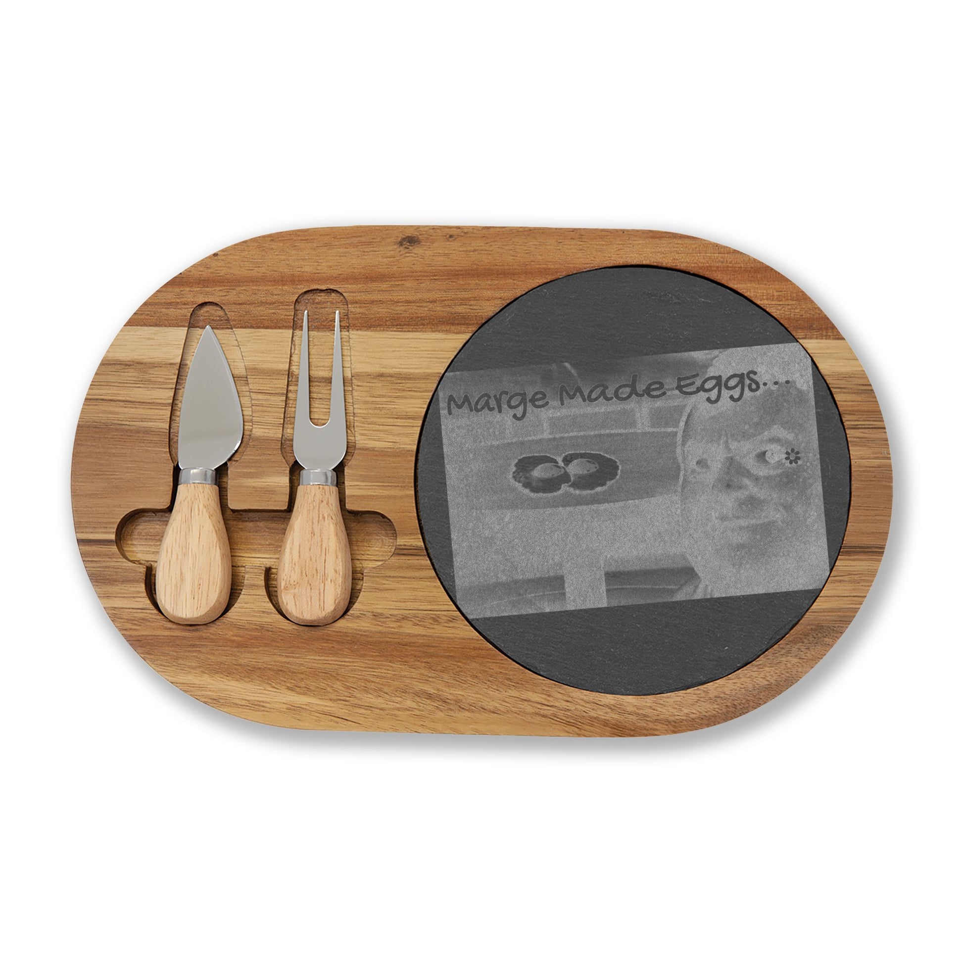 Engraved Charcuterie Board with Slate Insert & Cheese Tools — Personalized Photo/Text Engraving