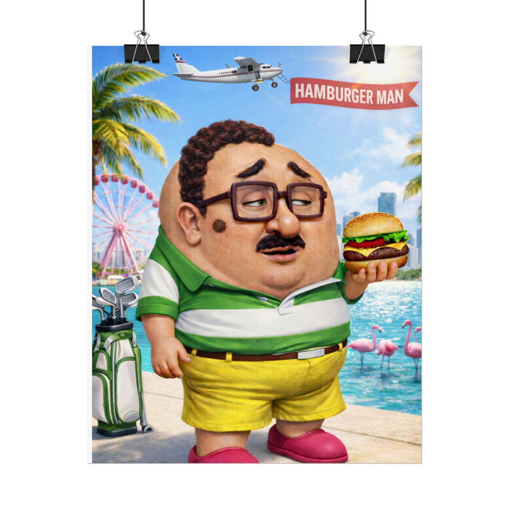 Hamburger Man Poster — Funny Retro Beach Cartoon Rolled Art Print