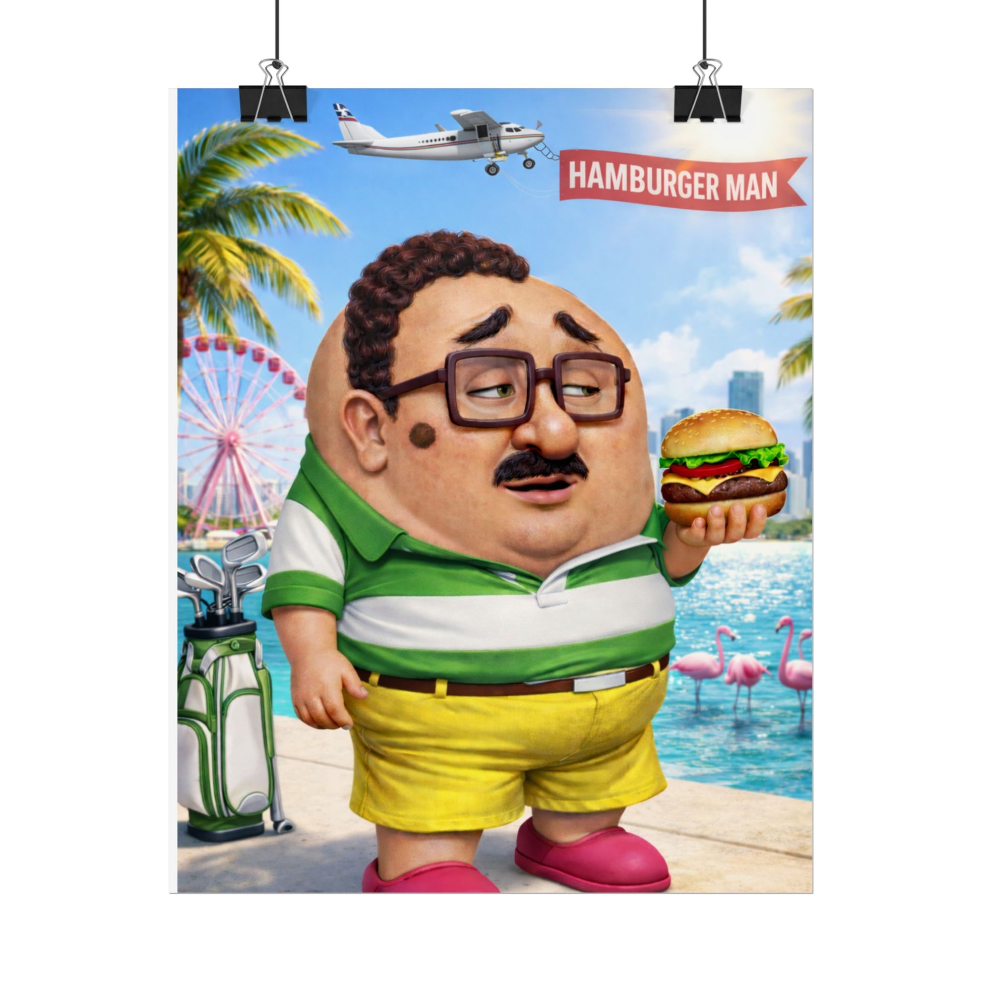 Hamburger Man Poster — Funny Retro Beach Cartoon Rolled Art Print