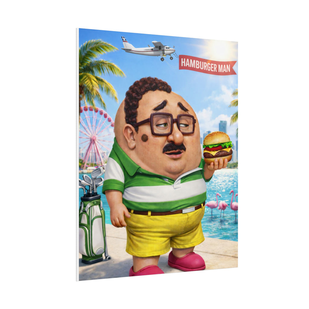 Hamburger Man Poster — Funny Retro Beach Cartoon Rolled Art Print